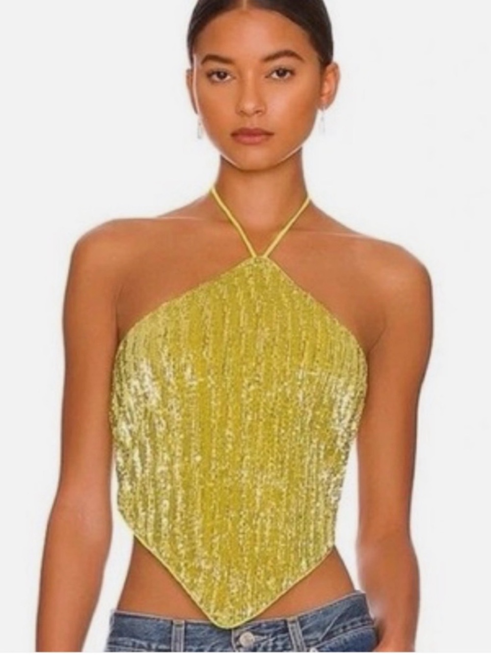 Camila Coelho Yellow Sequin Halter Crop Top